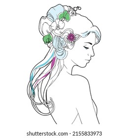 Flowers girl line art. Girl icon with colours background.
