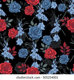 The flowers of gladiolus and roses pattern on a black background. Vector.
