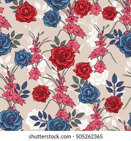 The flowers of gladiolus and roses pattern on a beige background. Vector.