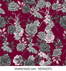 The flowers of gladiolus and roses pattern on a red background. Vector.