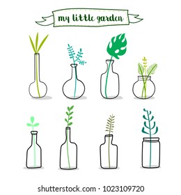 Flowers in glass bottles. Abstract flower bouquets in bottles. Vintage colors. Vector design elements. Collection of icons, set of romantic  bottles with home plants. Floral composition with leaf.