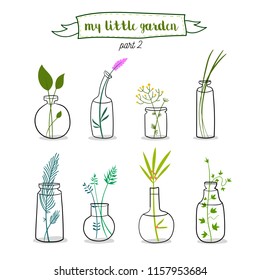 Flowers in glass bottles. Abstract flower bouquets in bottles. Vintage colors. Vector design elements. Collection of icons, set of romantic  bottles with home plants. Floral composition