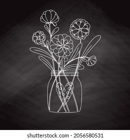 Flowers in a glass jar. Bouquet isolated on a white background. Vector illustration in sketch style.
