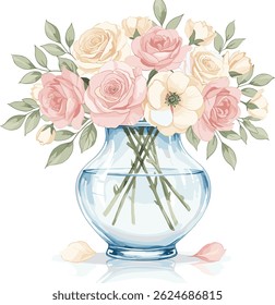 Flowers in Glass Jar, delicate watercolor painting of flowers in a clear glass jar