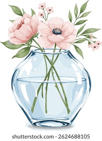 Flowers in Glass Jar, delicate watercolor painting of flowers in a clear glass jar