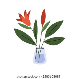 Flowers in glass vase. Blooming buds, leaves, cut stems in water. Spring blossoms, fresh summer floral decoration. Home nature decor. Flat graphic vector illustration isolated on white background