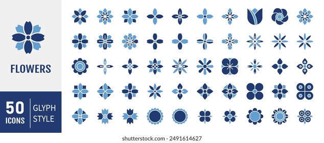 Flowers glyph icons set. Blooming plants - rose, tulip, daisy bouquet, sunflower, lotus, chamomile, dandelion, chrysanthemum, lily vector illustration.