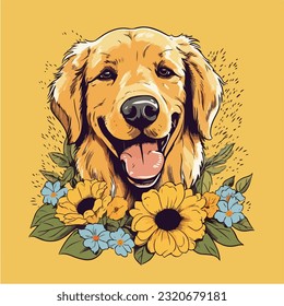 Blumen und goldener Retrievalhund-Cartoon-Stil