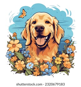 flowers and golden retriever dog cartoon style