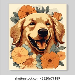 flowers and golden retriever dog cartoon style