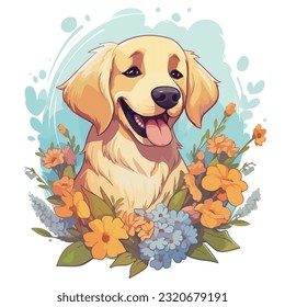 Blumen und goldener Retrievalhund-Cartoon-Stil