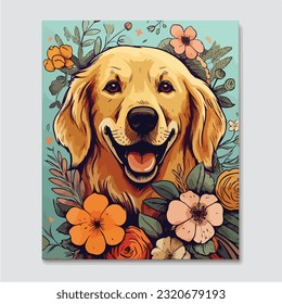 flowers and golden retriever dog cartoon style