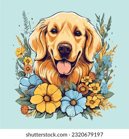 Blumen und goldener Retrievalhund-Cartoon-Stil