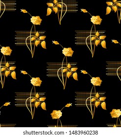 Flowers of a golden rose with a bud with an ornament on a black background. Seamless pattern with golden rose flowers. Floral motif for decoration of a festive party, textiles, gift wrapping.