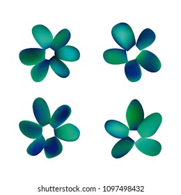 Flowers in gradient mesh, vector illustration. Four isolated abstract colored gradient flowers on white background. Realistic vector illustration for logo, web elements, ornaments, postcards.