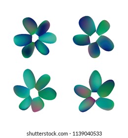 Flowers in gradient mesh, vector illustration. Four isolated abstract colored gradient flowers on white background. Realistic vector illustration for logo, web elements, ornaments, postcards.