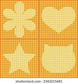 Flowers Graphic drawings Illustrations Pattern Fabric overlapping white hearts, stars, flowers, and cats. Yellow and orange tones.