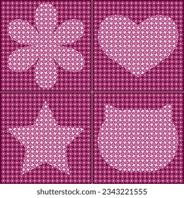 Flowers Graphic drawings Illustrations Pattern Fabric Overlapping white hearts, stars, flowers, and cats. Pink tones.