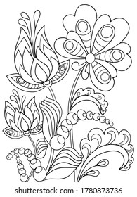 flowers graphics contour illustration coloring book vector isolate on white background plants fantasy nature ornament anti-stress for children and adults