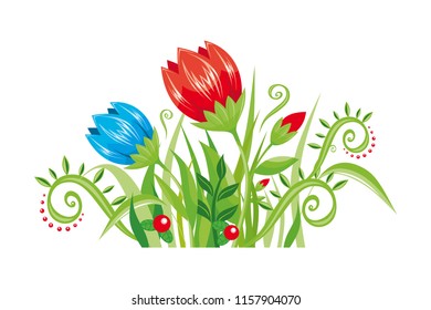 Flowers, grass, berries and leaves. Vector illustration.