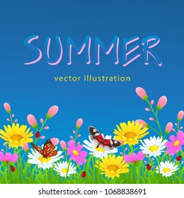 Flowers and grass border, bright colorful meadow flowers and green grass, butterflies and ladybug against the blue sky, vector illustration, greeting card decoration element, summer drawing, banner