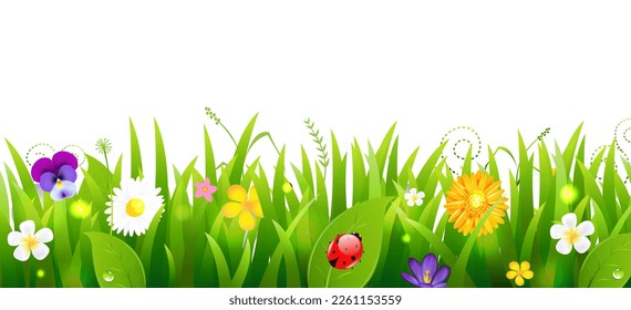 Flowers And Grass Border Nature Background With Gradient Mesh, Vector Illustration