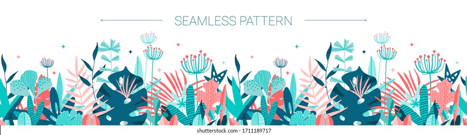 Flowers and grass border, yellow and white chamomile and delicate pink meadow flowers and green grass, butterflies and ladybug on transparent background, vector illustration, card decoration element