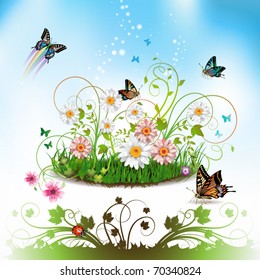 Flowers in the grass and butterflies