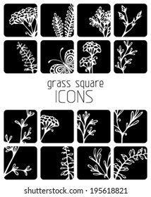 Flowers, grass and butterflies silhouettes. Black and white design.