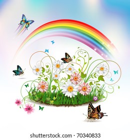 Flowers in the grass and butterflies, vector illustration