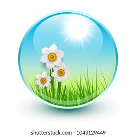 Flowers and grass inside crystal sphere, spring 3D vector design.