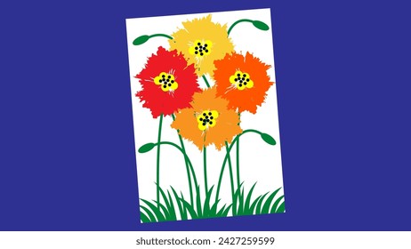 Flowers in the grass. Isolated on a blue background.