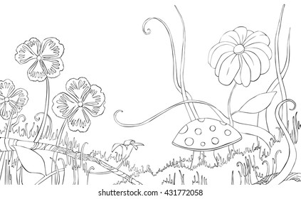 Flowers, grass and mushroom on the meadow. Page for coloring book. Art vector Illustration. 