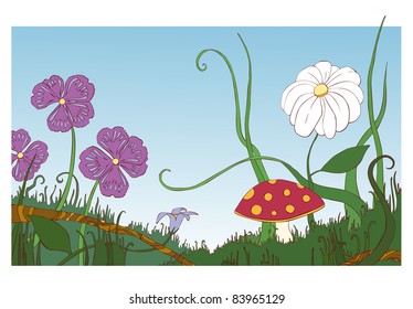 Flowers, grass and mushroom on the meadow vector