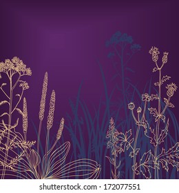 flowers and grass at night, vector illustration