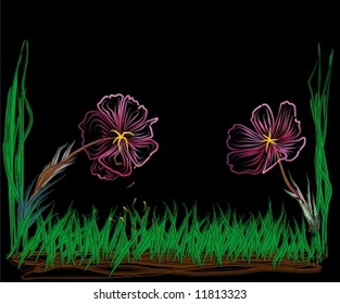 flowers and grass on black background
