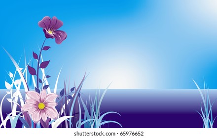 flowers and grass on blue night landscape