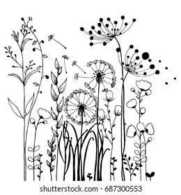 Flowers and Grass on White background Collection. wild flowers growth vector illustration design.
