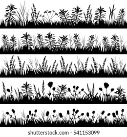 Flowers and grass vector silhouette.