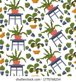 Flowers with green leafage seamless pattern. Floral decoration for home or office, leafy plants in pots standing on shelf. Houseplants with lush foliage. Potted flowers, vector in flat style