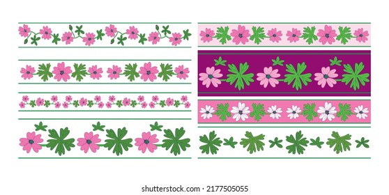 flowers with green leaves - floral seamless borders as decorative dividers - vector set