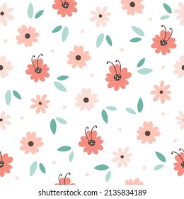 Blumen und grüne Blätter nahtloses Muster. Design für Gewebe, Textilien, Packpapier. handgezeichnete Vektorgrafik