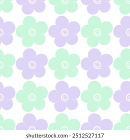 Flowers. Green and purple inflorescence of a flowering plant. Seamless vector pattern. Isolated colorless background. Endless summer ornament of opened flower buds with round petals. Cartoon style. 