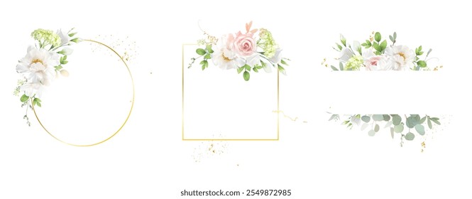 Flores y marcos de Vector de oro verde. Rosas y peonía. Ramas pintadas a mano, hojas sobre fondos blancos. Invitaciones simples de boda verde. Tarjetas de acuarela. Los Elementos son aislados y editables