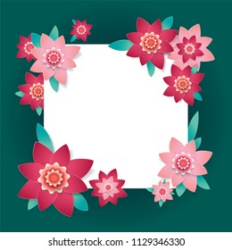 Flowers greeting banner with paper cut frame on summer bright flowers background with paper blooming red and pink flowers for festive cards banner, poster design. Paper cut style, vector illustration