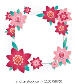 Flowers greeting banner with paper cut frame on summer bright flowers background with paper blooming red and pink flowers for festive cards banner, poster design. Paper cut style, vector illustration