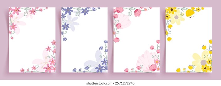 Flowers greetings card clipart poster set. Spring flower drawing template for wedding invitation, birthday wishes and anniversary clip art collection. Vector illustration spring floral card set. 
