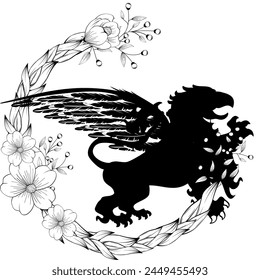 flowers griffin heraldic crest tattoo emblem coat of arms in vector format