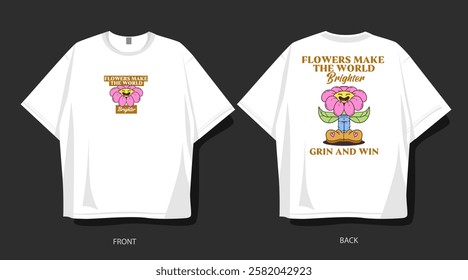 Flowers groove cartoon vector. Happy blooming t-shirt design, spring graphic illustration. Inspirational quotes for clothing design and merch