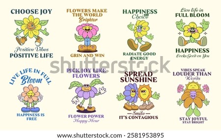 Flowers groove cartoon vector set. Happy blooming t-shirt design, spring graphic illustration. Inspirational quotes bundle for clothing design and merch
